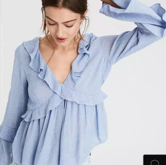 American Eagle Outfitters Tops - American Eagle Outfitters Deep V Blue & White Stripe Ruffle Top XS